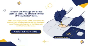 Incision and drainage CPT codes 2026 hero banner: 10060 simple versus 10061 complicated abscess drainage, 10080-10081 pilonidal cysts, 10140 non-purulent collections, 10160 puncture aspiration, the 10-day global period packing bundle, and site-specific codes for fingers, hands, and perianal sites, from ClaimMax RCM.