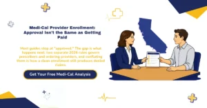 Medi-Cal provider enrollment 2026 hero banner: DHCS PAVE two-layer enrollment and county MCO credentialing, 90-day physician and 180-day allied provider statutory clock, $750 CY2026 fee with individual exemptions, the June 26 prescriber and July 23 ORP 2026 deadlines, and the post-approval claims gap, from ClaimMax RCM.