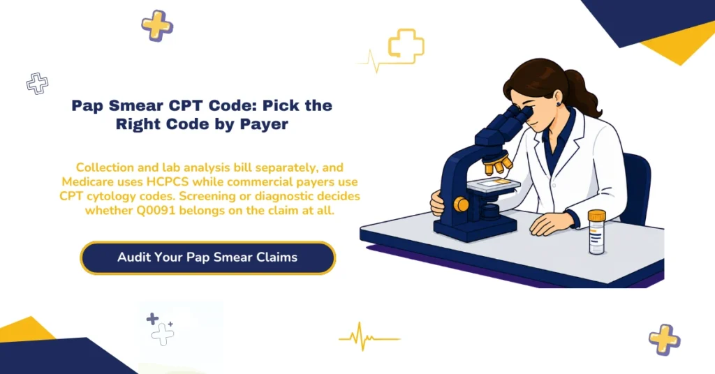 Pap smear CPT code 2026 hero banner: Q0091 Medicare collection versus G0101 pelvic exam, 88142 and 88175 liquid-based cytology, G0476 for Medicare HPV screening instead of 87624, 99459 pelvic exam add-on, and Medicare frequency edits at 23, 11, and 59 months, from ClaimMax RCM.