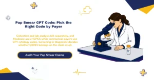 Pap smear CPT code 2026 hero banner: Q0091 Medicare collection versus G0101 pelvic exam, 88142 and 88175 liquid-based cytology, G0476 for Medicare HPV screening instead of 87624, 99459 pelvic exam add-on, and Medicare frequency edits at 23, 11, and 59 months, from ClaimMax RCM.