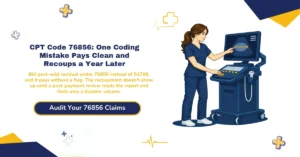 CPT code 76856 pelvic ultrasound billing 2026 hero banner: complete nonobstetric pelvic study covering uterus, adnexa, and bladder, 76857 limited study comparison, post-void residual belonging to CPT 51798 instead, same-date 76830 bundling rules, and modifier 26/TC component billing, from ClaimMax RCM.
