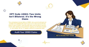 CPT code 19083 ultrasound-guided breast biopsy billing 2026 hero banner: the contralateral lesion billed as 19084 rather than a second unit or modifier 50, the units-of-service edit that a split LT and RT claim cannot defeat, ultrasound guidance and specimen imaging already bundled into the code, no modifier 26 or TC since there is no component split, and the guidance-modality decision separating 19083 from stereotactic 19081 and MRI-guided 19085, from ClaimMax RCM.