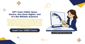 CPT code 33882 thoracic endovascular aortic repair billing 2026 hero banner: the branched multipiece endograft with left subclavian fenestration effective January 1, 2026, the Zone 2 versus Zone 0/1 distinction that shifts identical devices to unlisted code 33999, the 35.00 work RVU finalized 4.00 below the AMA RUC recommendation, three deleted TEVAR codes and four imaging codes removed from the charge master rather than bundled, and modifier 62 co-surgeon documentation requirements for branched arch repair, from ClaimMax RCM.