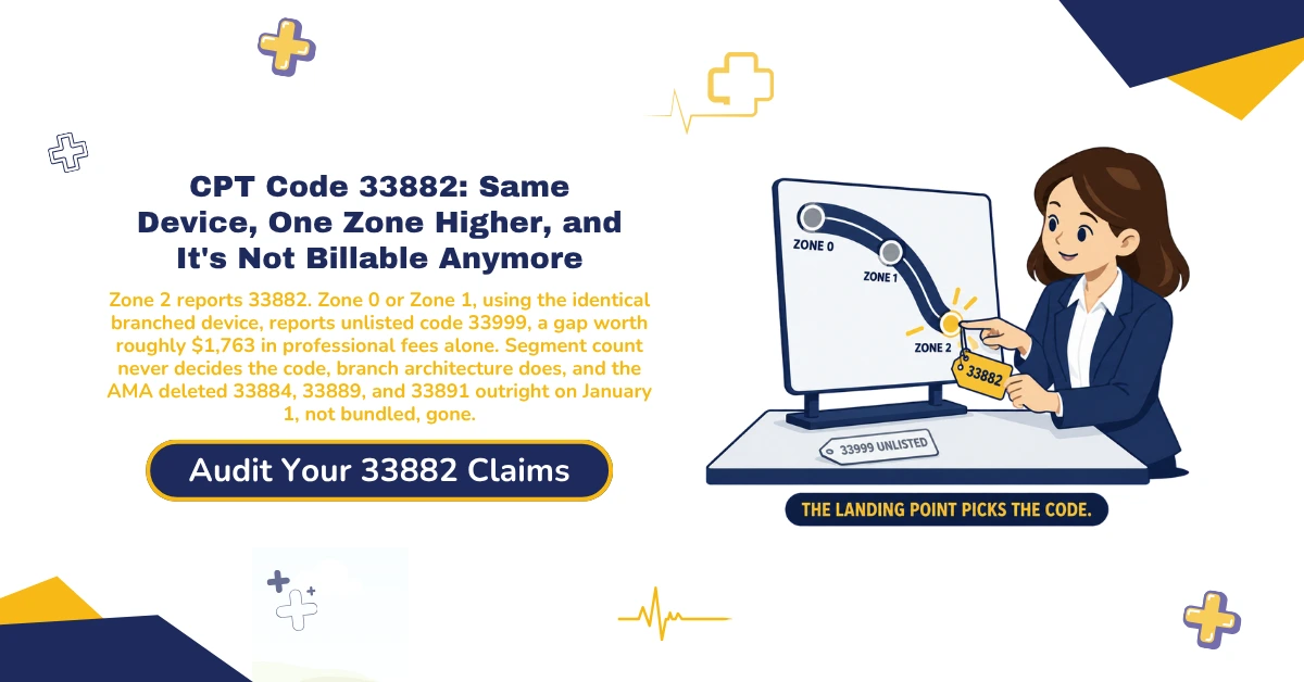CPT code 33882 thoracic endovascular aortic repair billing 2026 hero banner: the branched multipiece endograft with left subclavian fenestration effective January 1, 2026, the Zone 2 versus Zone 0/1 distinction that shifts identical devices to unlisted code 33999, the 35.00 work RVU finalized 4.00 below the AMA RUC recommendation, three deleted TEVAR codes and four imaging codes removed from the charge master rather than bundled, and modifier 62 co-surgeon documentation requirements for branched arch repair, from ClaimMax RCM.