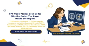 CPT code 71260 CT thorax with contrast billing 2026 hero banner: the radiology report overriding the order to decide between 71250, 71260, and 71270, suspected pulmonary embolism requiring 71275's bolus-timing CTA protocol instead of 71260, NCCI mutual exclusivity with 71250, MPPR reductions and modifier 26/TC/XU split billing with 74177, and CO-236 bundling denial recovery, from ClaimMax RCM.