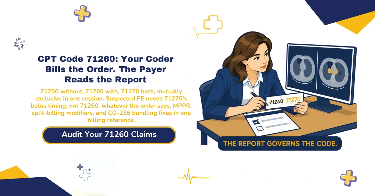 CPT code 71260 CT thorax with contrast billing 2026 hero banner: the radiology report overriding the order to decide between 71250, 71260, and 71270, suspected pulmonary embolism requiring 71275's bolus-timing CTA protocol instead of 71260, NCCI mutual exclusivity with 71250, MPPR reductions and modifier 26/TC/XU split billing with 74177, and CO-236 bundling denial recovery, from ClaimMax RCM.