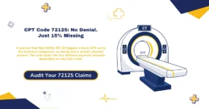CPT code 72125 cervical spine CT billing 2026 hero banner: the modifier CT requirement and silent 15 percent technical-component cut triggered by scanners failing the NEMA XR-29 standard, the five different payment amounts the same code produces depending on the professional and technical component split, the contrast decision test separating 72125 from 72126 and 72127 based on the radiology report rather than the order, the MPPR reduction halving the technical component on a same-day second spine CT, and the retired coverage article still outranking the current LCD in search results, from ClaimMax RCM.