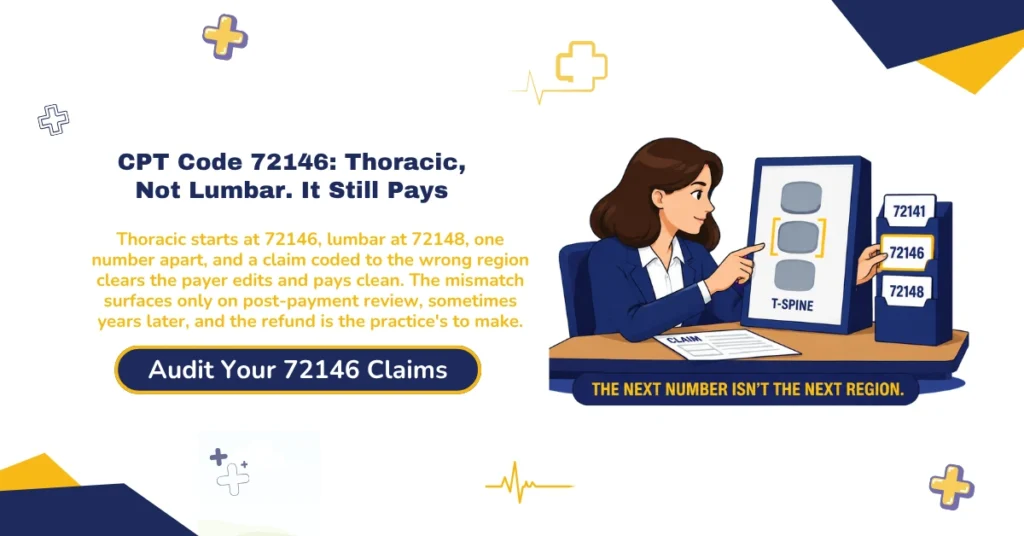 CPT code 72146 thoracic spine MRI billing 2026 hero banner: the wrong-region error where 72146 thoracic pays clean even when miscoded as 72148 lumbar due to adjacent code numbering, the T1 through T12 anatomical scope against the 72147 and 72157 contrast-status codes, modifier 26 and TC component billing by ownership arrangement, the Multiple Procedure Payment Reduction on same-session multi-region imaging, and the CO-50 versus CO-11/CO-16 denial-routing split, from ClaimMax RCM.