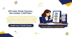 CPT code 72146 thoracic spine MRI billing 2026 hero banner: the wrong-region error where 72146 thoracic pays clean even when miscoded as 72148 lumbar due to adjacent code numbering, the T1 through T12 anatomical scope against the 72147 and 72157 contrast-status codes, modifier 26 and TC component billing by ownership arrangement, the Multiple Procedure Payment Reduction on same-session multi-region imaging, and the CO-50 versus CO-11/CO-16 denial-routing split, from ClaimMax RCM.