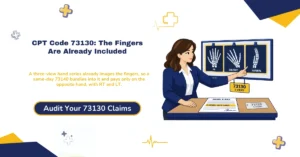 CPT code 73130 hand X-ray billing 2026 hero banner: a three-view hand series already imaging the fingers so a same-day 73140 bundles under NCCI and pays only on the opposite hand with RT and LT, two views billing as 73120 rather than 73130-52, modifier 26 on a global claim leaving the $29.39 technical payment unbilled, bilateral indicator 3 paying each hand at 100 percent for $76.16 across both, and the 2026 Medicare national rate of $38.08 with technical cuts of 20 percent for film and 10 percent for computed radiography, from ClaimMax RCM.
