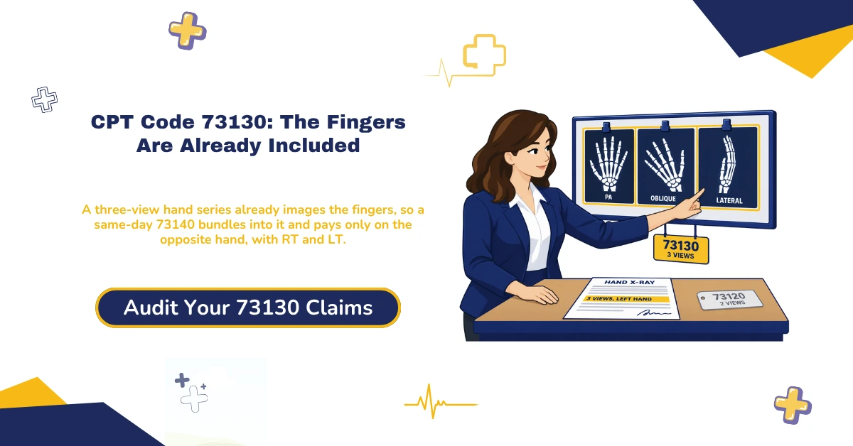 CPT code 73130 hand X-ray billing 2026 hero banner: a three-view hand series already imaging the fingers so a same-day 73140 bundles under NCCI and pays only on the opposite hand with RT and LT, two views billing as 73120 rather than 73130-52, modifier 26 on a global claim leaving the $29.39 technical payment unbilled, bilateral indicator 3 paying each hand at 100 percent for $76.16 across both, and the 2026 Medicare national rate of $38.08 with technical cuts of 20 percent for film and 10 percent for computed radiography, from ClaimMax RCM.