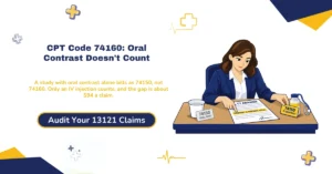 CPT code 74160 CT abdomen with contrast billing 2026 hero banner: oral or rectal contrast alone coding as 74150 because only intravascular contrast qualifies as with contrast, the roughly $94 gap between 74160 at $230.13 and 74150 at $136.28 in 2026 Medicare national global rates, the combined abdomen and pelvis codes 74176 through 74178 replacing 74160 whenever the pelvis is read in the same session, 74170 requiring a diagnostic noncontrast series rather than bolus-tracking slices, and the 15 percent modifier CT technical-component cut for scanners failing NEMA XR-29, from ClaimMax RCM.