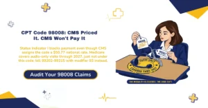 CPT code 98008 audio-only telemedicine billing 2026 hero banner: Medicare's status indicator I blocking payment on a code that still carries an assigned $50.77 national rate, the straightforward MDM or 15-minute time pathway for code selection, modifier 93 substitution on 99202-99215 in place of 98008 for Medicare claims, the POS 02 versus POS 10 non-facility rate gap, and the 98008-98015 new-versus-established patient code ladder, from ClaimMax RCM.
