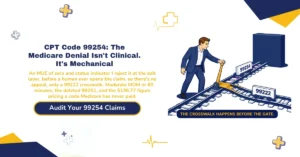 CPT code 99254 inpatient consultation billing 2026 hero banner: moderate MDM or 60-minute time threshold, Medicare's mechanical edit-layer rejection under status indicator I and MUE zero with no appeal path, the 99222 crosswalk and its 60/55-minute MDM gap, the deleted 99251 code, and the $136.77 RVU figure mistaken for an actual Medicare payment, from ClaimMax RCM.