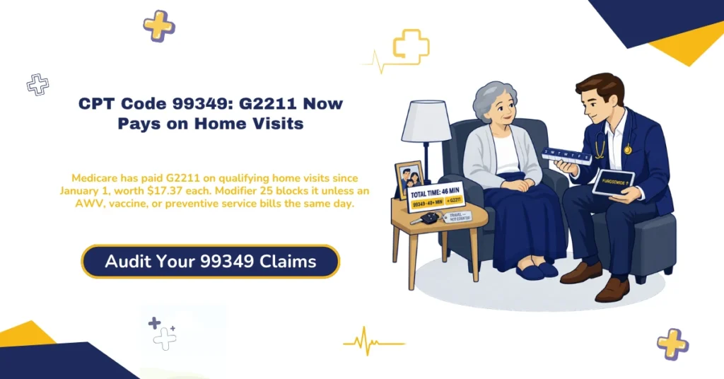 CPT code 99349 home and residence visit billing 2026 hero banner: Medicare paying the G2211 add-on with home visit codes since January 1, 2026 at a $17.37 national rate, modifier 25 blocking G2211 unless an annual wellness visit, vaccine, or preventive service bills the same day, moderate MDM or 40 minutes of total time with 60 minutes moving the visit to 99350, place of service codes 12, 13, 14, 33, and 55, no homebound requirement but a documented reason for the home setting, and the rendering NPI matching the practitioner who performed the visit, from ClaimMax RCM.