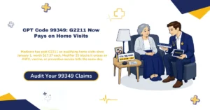CPT code 99349 home and residence visit billing 2026 hero banner: Medicare paying the G2211 add-on with home visit codes since January 1, 2026 at a $17.37 national rate, modifier 25 blocking G2211 unless an annual wellness visit, vaccine, or preventive service bills the same day, moderate MDM or 40 minutes of total time with 60 minutes moving the visit to 99350, place of service codes 12, 13, 14, 33, and 55, no homebound requirement but a documented reason for the home setting, and the rendering NPI matching the practitioner who performed the visit, from ClaimMax RCM.