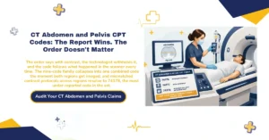 CT abdomen and pelvis CPT codes 2026 hero banner: the nine-code family across abdomen-only, pelvis-only, and combined scopes selected by contrast status and anatomic field of view, the crossover matrix collapsing mismatched regional protocols into 74178, the radiology report overriding the order whenever the two disagree, NCCI procedure-to-procedure and MUE adjudication indicators governing which denials carry an appeal path, and the facility versus non-facility rate gap behind two conflicting Medicare figures circulating for the same code, from ClaimMax RCM.