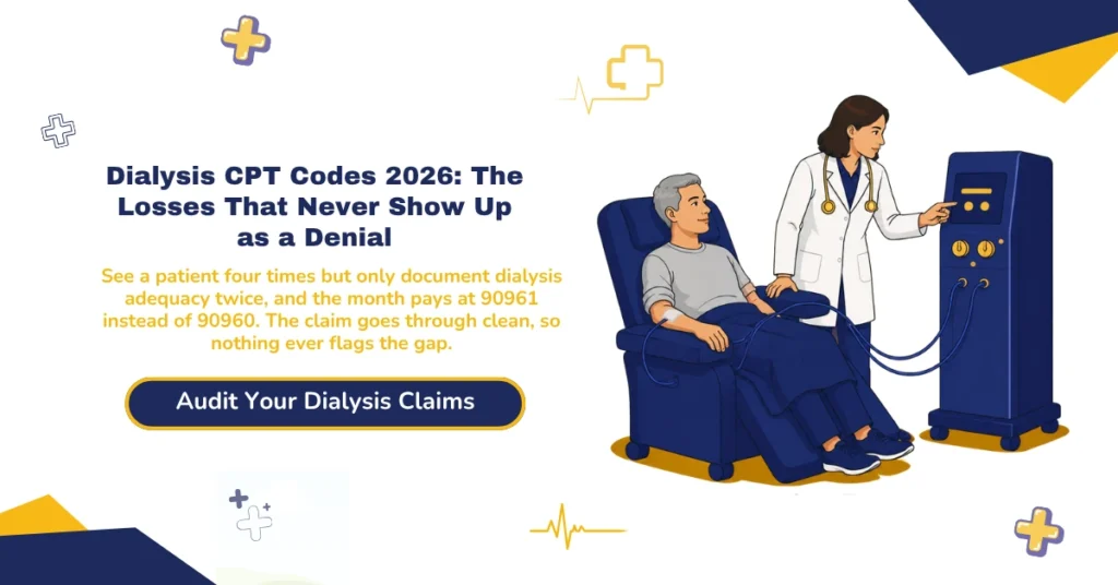 Dialysis CPT codes 2026 hero banner: per-session codes 90935-90947, ESRD monthly capitation 90951-90970 by age and visit count, dialysis circuit intervention codes 36901-36909, G1-G6 and V5-V7 modifiers, JW/JZ waste reporting, and the CY2026 ESRD PPS base rate of $281.71, from ClaimMax RCM.