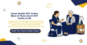 Home health CPT codes 2026 hero banner: HCPCS G-codes G0151-G0322 by discipline, revenue code pairings, physician home E/M 99341-99350, certification codes G0179/G0180, OASIS-driven PDGM payment, and the 2026 CY 30-day base rate of $2,038.22, from ClaimMax RCM.