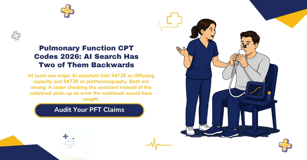 Pulmonary function CPT codes 2026 hero banner: spirometry codes 94010 and 94060, lung volume codes 94726-94728, diffusing capacity add-on 94729, exercise testing 94617-94621, NCCI bundling rules, and the January 2026 deletion of CPT 94662, from ClaimMax RCM.