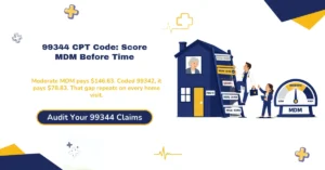 99344 CPT code 2026 hero banner: new patient home visit at moderate MDM or 60 minutes, Medicare national rate of $146.63 against $78.83 for 99342, G2211 add-on payable since January 1, 2026, and 99343 deleted, from ClaimMax RCM.