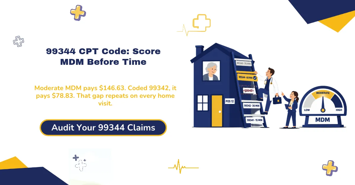 99344 CPT code 2026 hero banner: new patient home visit at moderate MDM or 60 minutes, Medicare national rate of $146.63 against $78.83 for 99342, G2211 add-on payable since January 1, 2026, and 99343 deleted, from ClaimMax RCM.