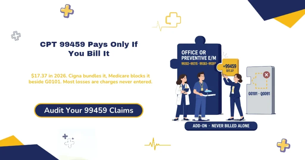 99459 CPT code 2026 hero banner: pelvic examination add-on billed only with eligible E/M and preventive visits, Medicare national rate of $17.37 down from about $22 in 2025, payer rules from Cigna and EmblemHealth bundling it, and no pairing with G0101 or Q0091, from ClaimMax RCM.