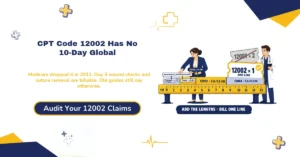 CPT code 12002 2026 hero banner: simple wound repair of 2.6 to 7.5 cm, 000-day Medicare global period replacing the old 10-day rule, lengths added by site group, and 2026 national rates of $139.28 office and $57.45 facility, from ClaimMax RCM.