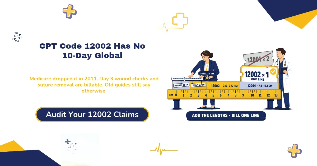 CPT code 12002 2026 hero banner: simple wound repair of 2.6 to 7.5 cm, 000-day Medicare global period replacing the old 10-day rule, lengths added by site group, and 2026 national rates of $139.28 office and $57.45 facility, from ClaimMax RCM.