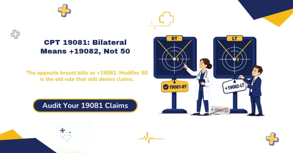 CPT code 19081 2026 hero banner: stereotactic breast biopsy first lesion, +19082 for each additional lesion in the same or opposite breast, no modifier 50, bundled guidance and specimen imaging, 2026 Medicare rates of $478.30 office and $138.28 facility, from ClaimMax RCM.