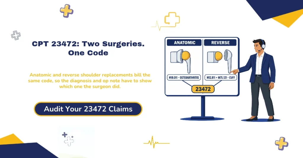 CPT code 23472 total shoulder arthroplasty billing 2026 hero banner: one code covering both anatomic and reverse total shoulder with no reverse-specific code or modifier, payers checking the diagnosis and operative note against the implant design, a reverse billed with osteoarthritis alone and no cuff findings drawing review, the biceps tenodesis 23430 conflict between CPT Assistant and Aetna, 23470 hemiarthroplasty versus 23472 decided by whether a glenoid component was placed, and the 2026 Medicare national physician payment of $1,300.30, from ClaimMax RCM.