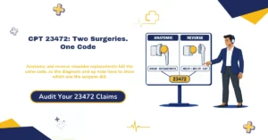 CPT code 23472 total shoulder arthroplasty billing 2026 hero banner: one code covering both anatomic and reverse total shoulder with no reverse-specific code or modifier, payers checking the diagnosis and operative note against the implant design, a reverse billed with osteoarthritis alone and no cuff findings drawing review, the biceps tenodesis 23430 conflict between CPT Assistant and Aetna, 23470 hemiarthroplasty versus 23472 decided by whether a glenoid component was placed, and the 2026 Medicare national physician payment of $1,300.30, from ClaimMax RCM.