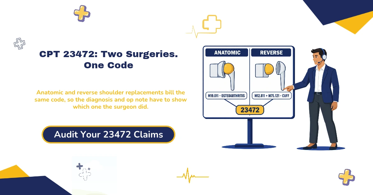 CPT code 23472 total shoulder arthroplasty billing 2026 hero banner: one code covering both anatomic and reverse total shoulder with no reverse-specific code or modifier, payers checking the diagnosis and operative note against the implant design, a reverse billed with osteoarthritis alone and no cuff findings drawing review, the biceps tenodesis 23430 conflict between CPT Assistant and Aetna, 23470 hemiarthroplasty versus 23472 decided by whether a glenoid component was placed, and the 2026 Medicare national physician payment of $1,300.30, from ClaimMax RCM.
