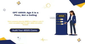 CPT 49505 open inguinal hernia repair billing 2026 hero banner: the age 5 threshold acting as a floor that routes younger patients to pediatric codes rather than a limit that excludes adults, mesh bundled into the code with the old +49568 add-on deleted in 2023, initial versus recurrent status deciding between 49505 and 49520, modifier 50 paid as one line at 150 percent on Medicare, and the 2026 national rate of $508.03 falling despite a higher conversion factor, from ClaimMax RCM.