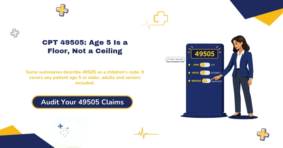CPT 49505 open inguinal hernia repair billing 2026 hero banner: the age 5 threshold acting as a floor that routes younger patients to pediatric codes rather than a limit that excludes adults, mesh bundled into the code with the old +49568 add-on deleted in 2023, initial versus recurrent status deciding between 49505 and 49520, modifier 50 paid as one line at 150 percent on Medicare, and the 2026 national rate of $508.03 falling despite a higher conversion factor, from ClaimMax RCM.