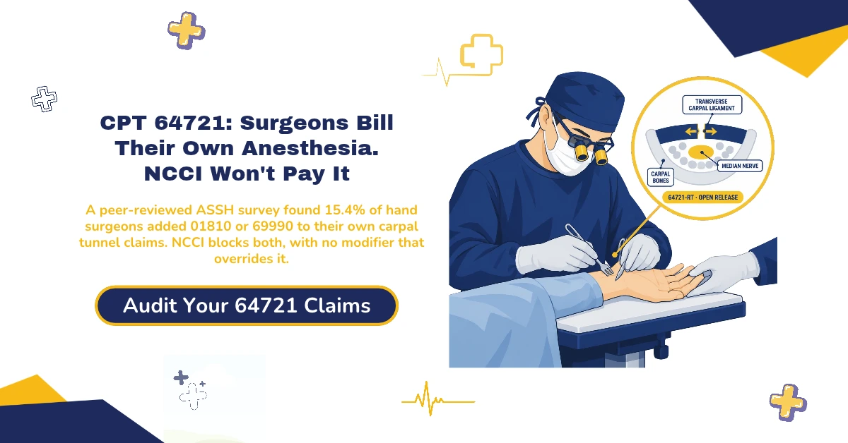 CPT 64721 open carpal tunnel release billing 2026 hero banner: a peer-reviewed ASSH survey finding 15.4 percent of hand surgeons wrongly add their own local anesthesia code 01810 or microscope charge 69990, both blocked by NCCI with no override modifier, the endoscopic-converted-to-open rule reporting 64721 alone, bilateral billing splitting into a single 64721-50 line on physician claims versus separate RT and LT lines on ASC claims, the new 2026 percutaneous code 64728 excluded by Anthem and Premera, and the 2026 fee schedule shift cutting facility payment 3 percent while raising office payment 8.8 percent, from ClaimMax RCM.