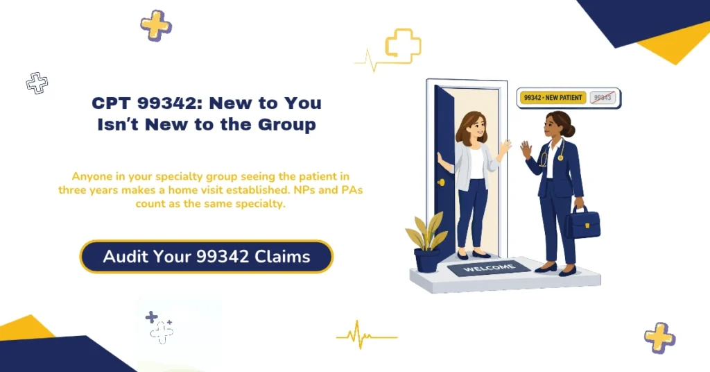 CPT 99342 is a new patient home visit at low MDM or 30+ minutes. Get the 2026 $78.83 Medicare rate, POS rules, G2211, and what replaced 99343.