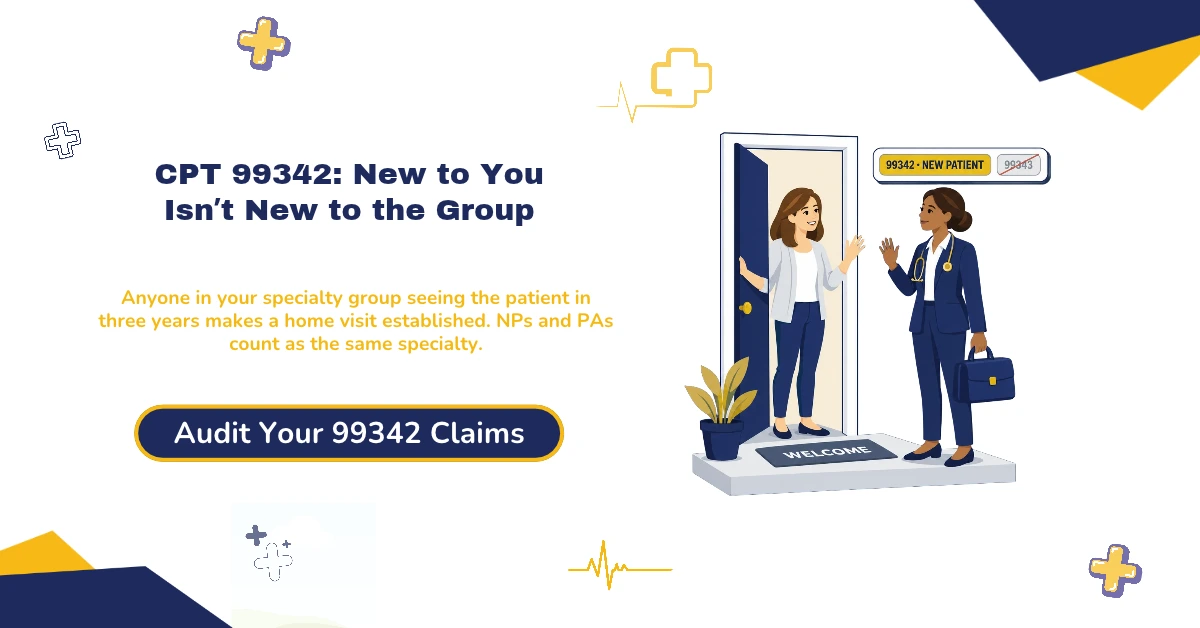 CPT 99342 is a new patient home visit at low MDM or 30+ minutes. Get the 2026 $78.83 Medicare rate, POS rules, G2211, and what replaced 99343.