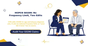 HCPCS code G0296 lung cancer screening counseling visit billing 2026 hero banner: CMS claim edits limited to age 50 to 77 and a qualifying tobacco diagnosis with no national frequency limit, repeat visits allowed only with every NCD 210.14 element documented, F17.21 being a non-billable category header, the visit required once before the first LDCT scan 71271, and the 2026 Medicare national rate of $28.72 non-facility, from ClaimMax RCM.
